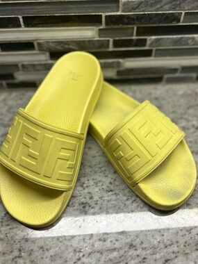 Fendi Bright Yellow Logo Slide Sandals kids 4.5, womens 6 (9 inches length)